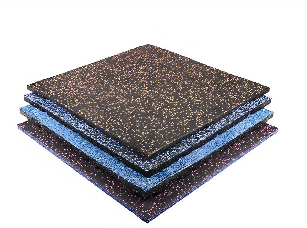 Flat-lay rubber tiles installed across a weight-room floor